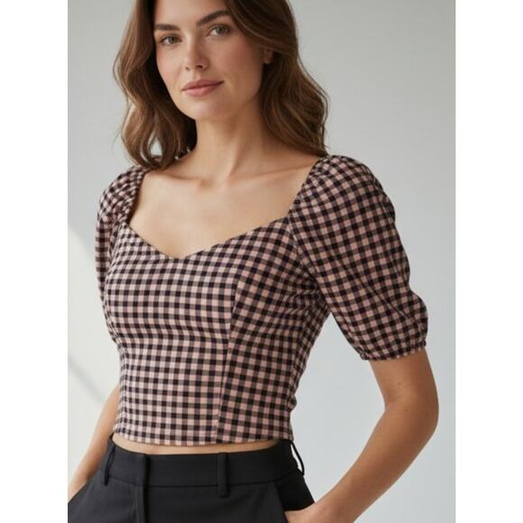 Haute Monde Tops - Haute Monde Pink Black Checkered Plaid Off Shoulder Sweetheart Crop Top Size M